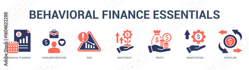 Behavioral Finance Essentials Modern and clean web banner illustration featuring thematic icons for visual communication