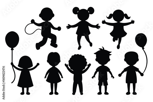 Silhouettes of Diverse Children Playing and Celebrating Joyful Childhood Moments in Playful Designs