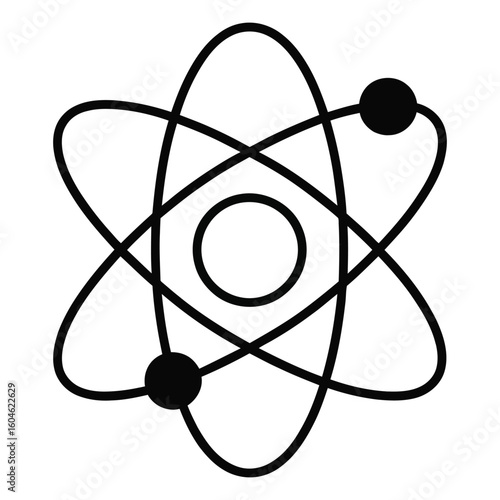 Black atomic structure diagram with orbiting electrons on white background science physics