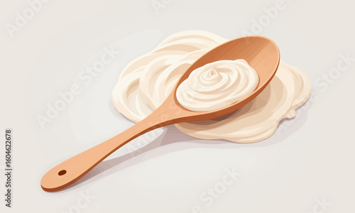 Wooden Spoon with Whipped Cream Swirls on Pastel Background