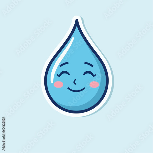 Happy cartoon water drop character on light blue background  