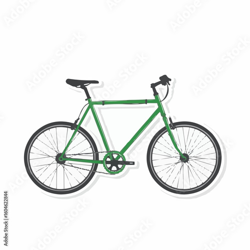 Green bicycle with black wheels and handlebars on white background  