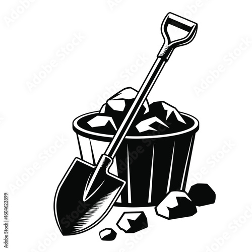 Monochrome illustration of a coal bucket and shovel in vector format