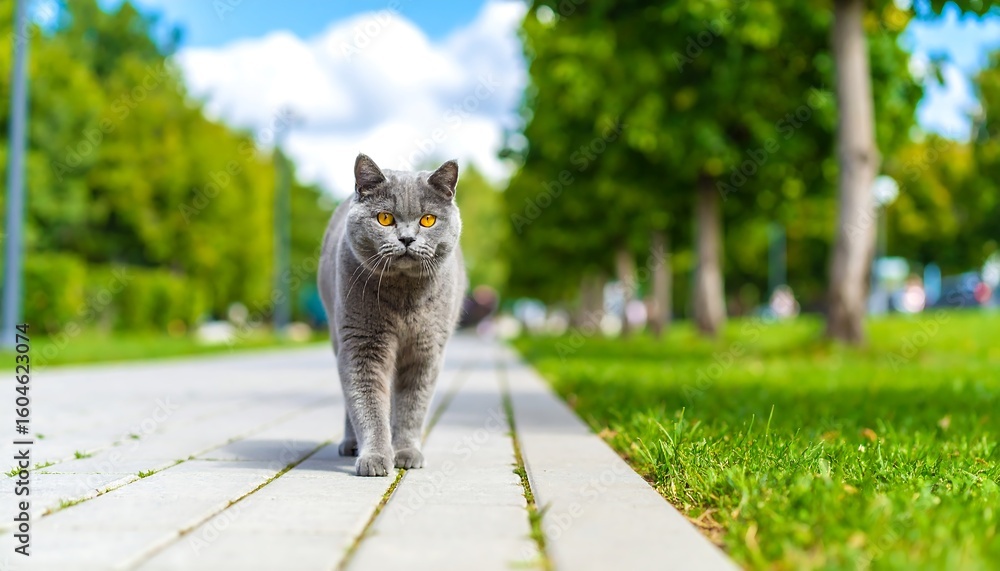 Obraz premium Gray cat walking on a park path