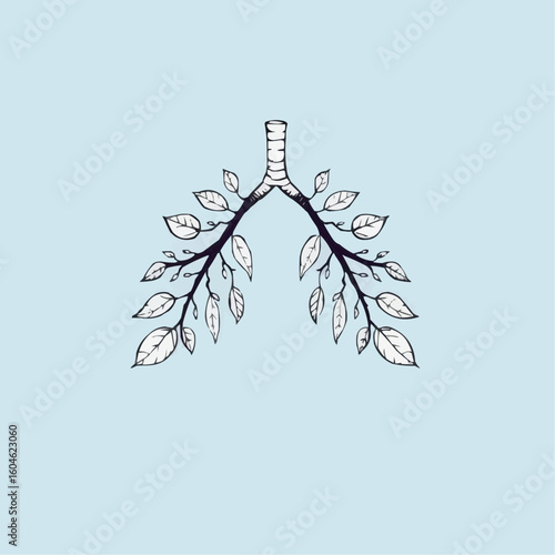 Lungs illustrated as tree branches with leaves on blue background  