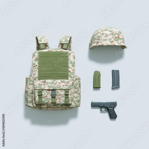 Realistic military gear set with handgun, magazine, and helmet