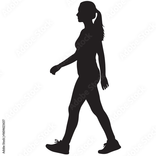Woman walking silhouette, vector illustration, black and white, side profile, minimalist style