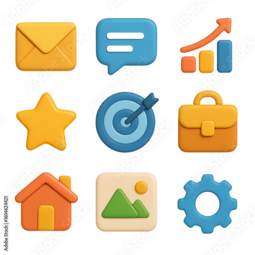 Collection of nine assorted 3d style icons including envelope speech bubble chart star and more icons