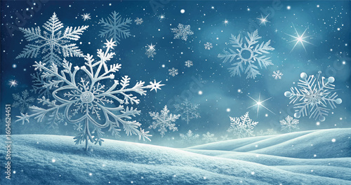 Winter wonderland snowflakes falling on a snowy landscape with shining stars in the dark night