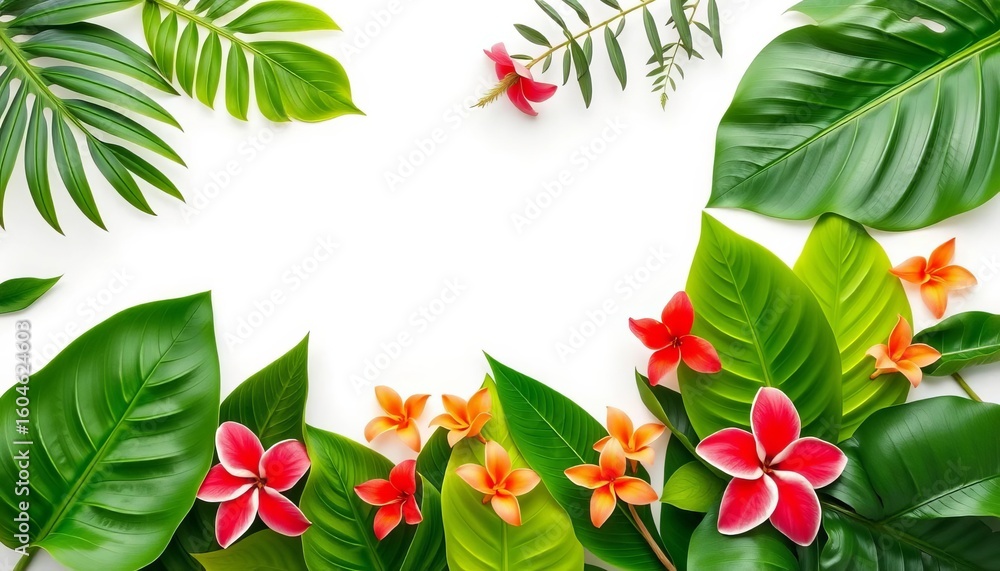 Fototapeta premium Vibrant green tropical foliage & blossoms arranged on pristine white backdrop, texture, white background