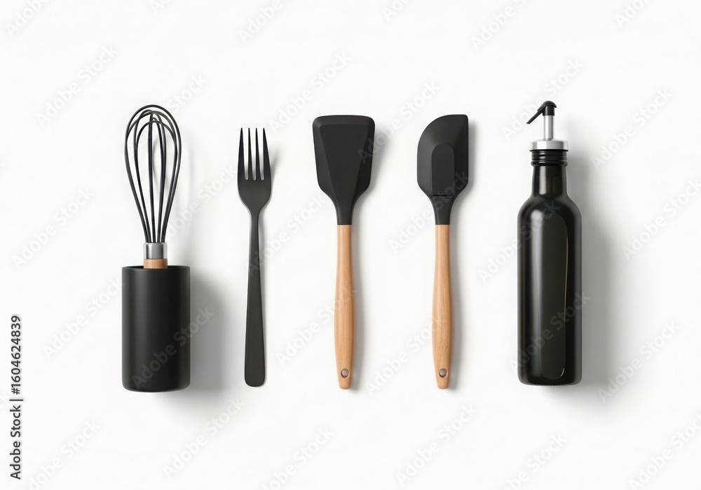 Fototapeta premium Collection of black kitchen utensils and olive oil bottle on white background