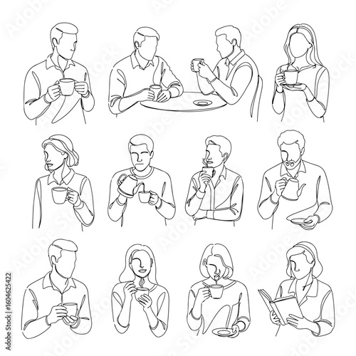 Collection of twelve continuous line drawings of people drinking coffee and tea line art illustration