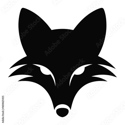 Black silhouette of a fox head with sharp ears and piercing eyes on white animal