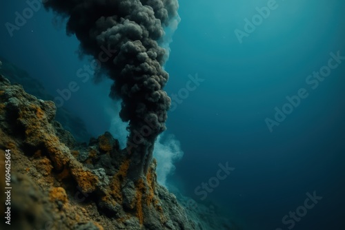 Black smoker hydrothermal vent spewing hot mineral-rich plume from ocean floor amid rocky structures