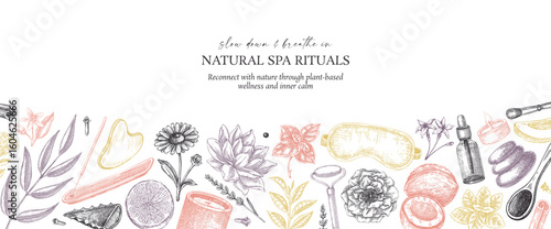 Selfcare background. Wellness and spa seamless pattern. Hand drawn vector illustration. Beauty salon vintage border design. Not AI generated