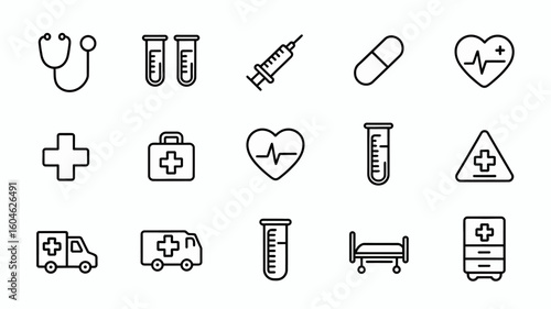 Healthcare icon collection. simple medical symbols: stethoscope, syringe, heart, doctor
