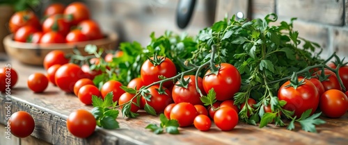 Vibrant red tomatoes & fragrant herbs spill across a rustic kitchen counter,  healthy,  culinary