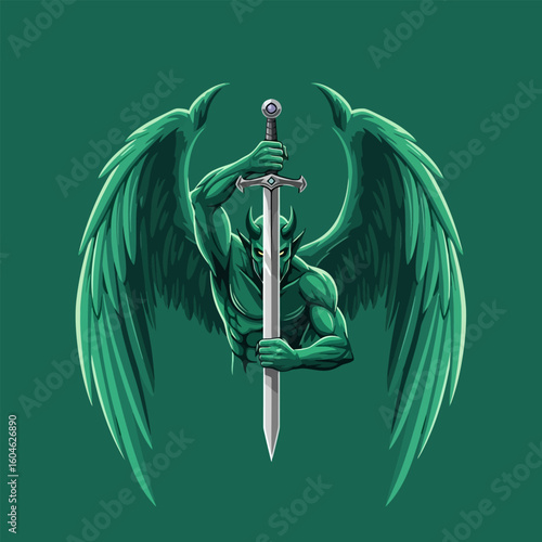 Winged Demon Holding Sword with Dominant Stance and Dramatic Lighting