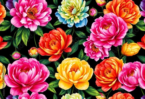 Vibrant multicolored peony blossoms in a seamless floral pattern against a black background, pink, graphic