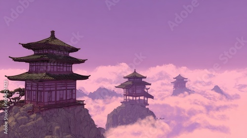 Wallpaper Mural Asian pagodas on misty mountains Torontodigital.ca