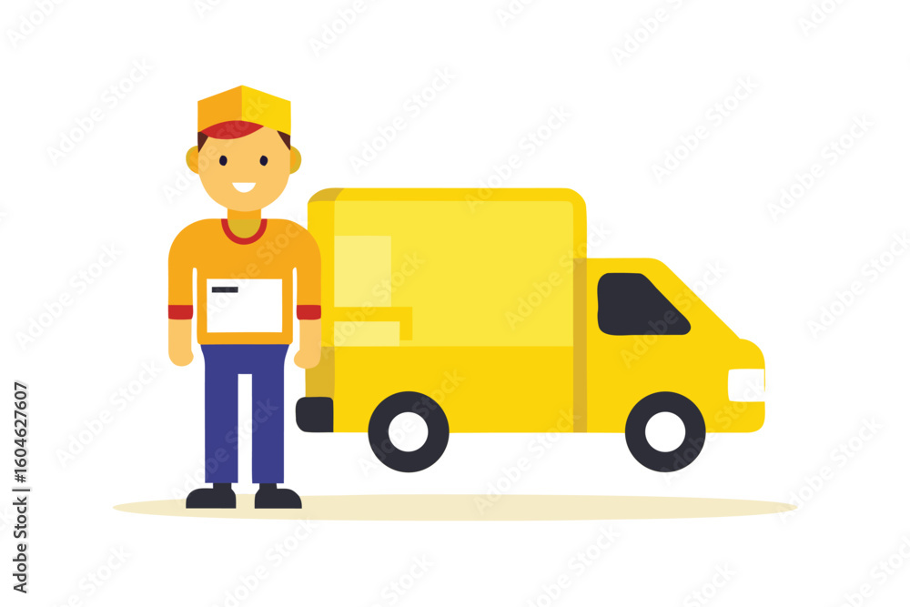 Delivery Service Cartoon Illustration of Smiling Courier and Yellow Truck Representing Fast and Reliable Shipping and Transportation Delivery Service Cartoon Illustration of Smiling Courier and Yellow Truck Representing Fast and Reliable Shipping and Transportation
