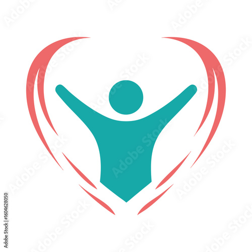 Teal person with outstretched arms inside a coral heart shape human figure