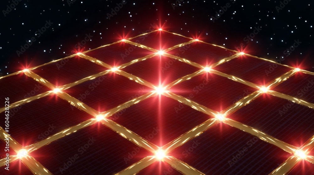 Fototapeta premium Glowing Red Solar Array Illuminated Against a Dark Starry Backdrop Creating a Vibrant Energy Scene