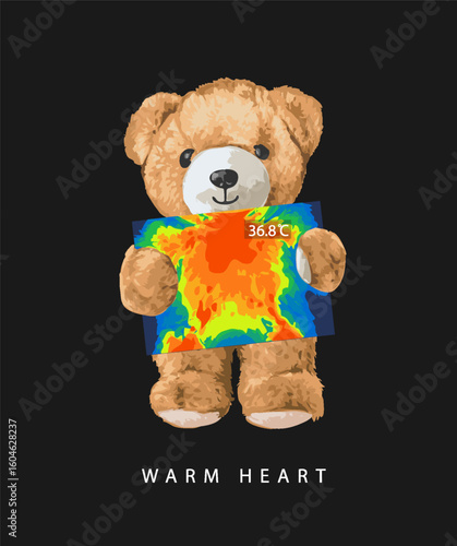 warm heart slogan with cute bear doll in thermal camera view vector illustration  