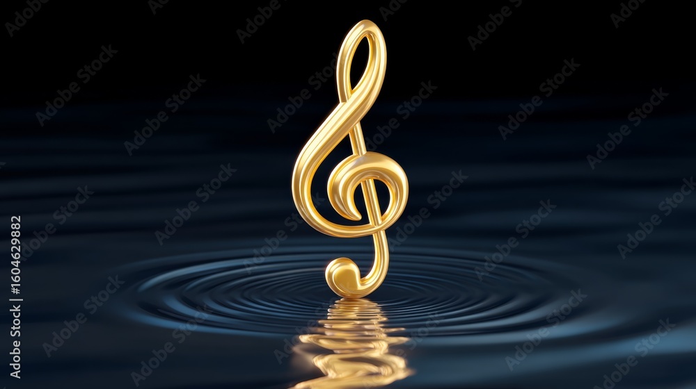 Obraz premium Golden Musical Note Reflected on Smooth Dark Blue Water Creating Serene Ripples