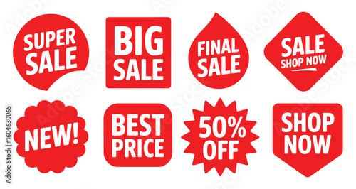 set of red sale icons with bold promotional messages, flat vector discount labels featuring super sale, final offer, new and best price tags