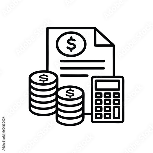 Calculator and money icons symbolizing business, finance, and accounting for wealth calculation and investment calculator cost budget finances expenses money dollar sign silhouette vector icon