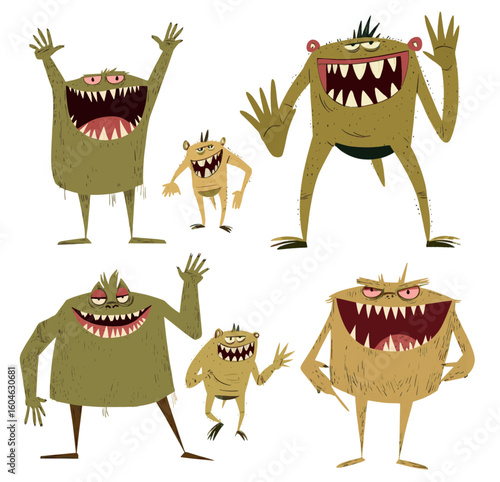 Cute laguna monster character vector set. Cartoon vector illustration doodle linocut style hand drawn, 2d animation.
