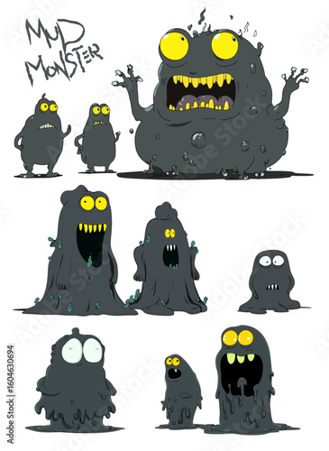 Cute laguna monster character vector set. Cartoon vector illustration doodle linocut style hand drawn, 2d animation.