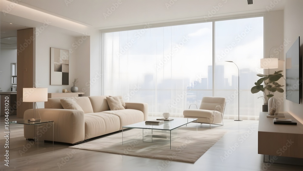 Fototapeta premium Modern Living Room with Large Windows and City View
