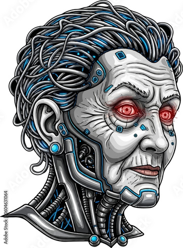Cybernetic Elder Woman with Glowing Red Eyes – Futuristic Tech Fusion Portrait