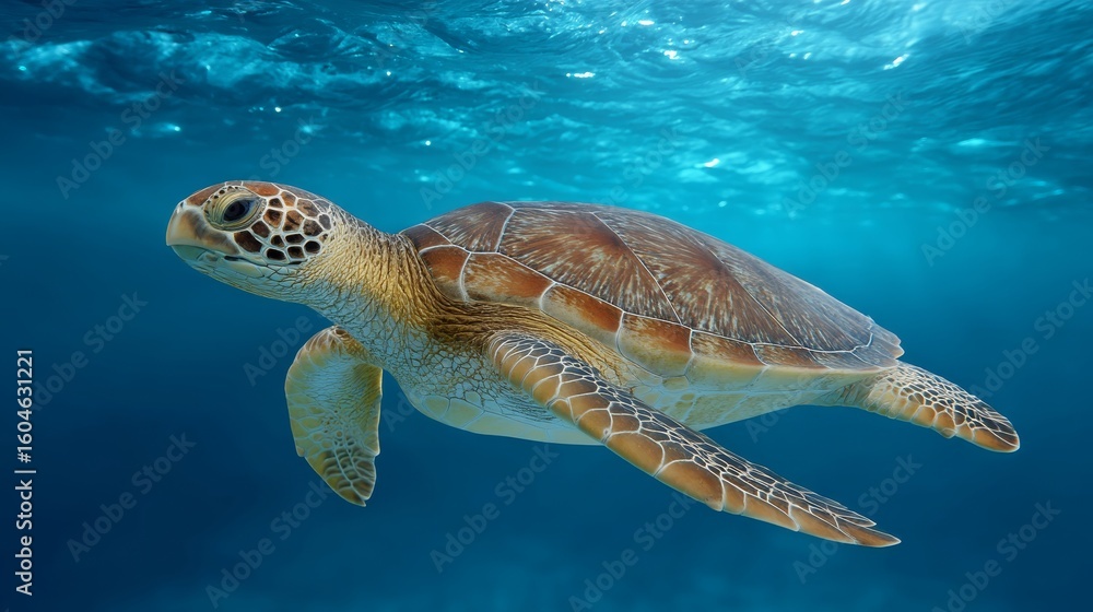 Obraz premium Graceful Turtle Swimming in Clear Blue Waters under Shimmering Sunlight