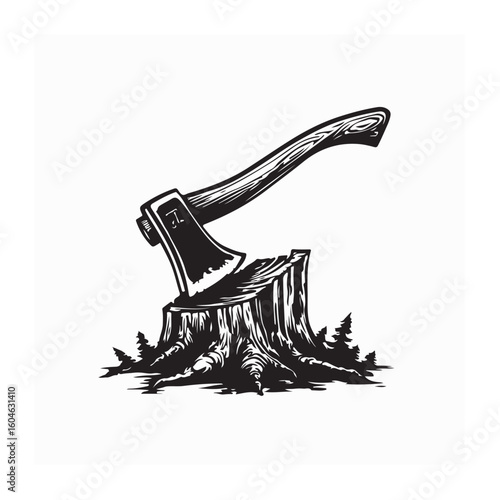 Axe Embedded in Stump of a Tree in Forest or Woodland