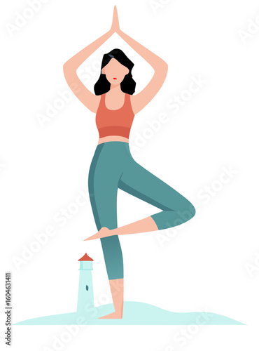 Minimalist illustration of a woman doing the tree yoga pose indoors, standing on one foot with hands raised above her head light house in background 