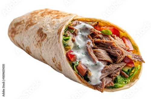 A savory shawarma wrap filled with grilled meat and fresh vegetables isolated on transparent background