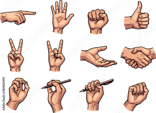 Vector Illustration Set of Human Hand Gestures and Actions in Cartoon Style