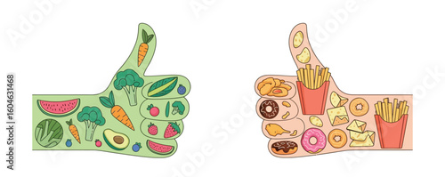 healthy vs unhealthy food thumbs up concept, symbolic hand icons made of vegetables and junk food, nutrition comparison on white background
