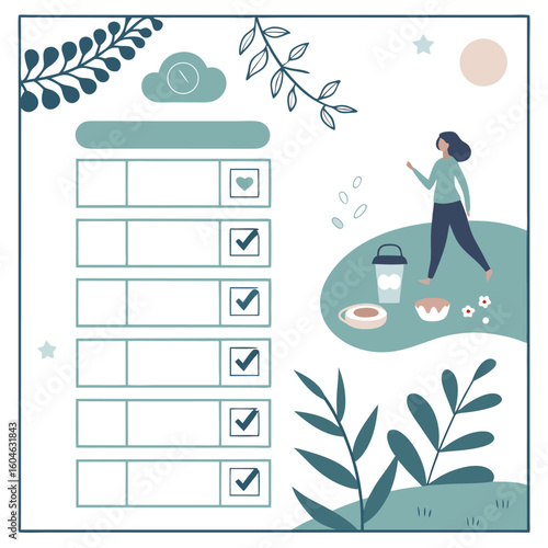 Daily planner checklist with a woman enjoying a morning routine