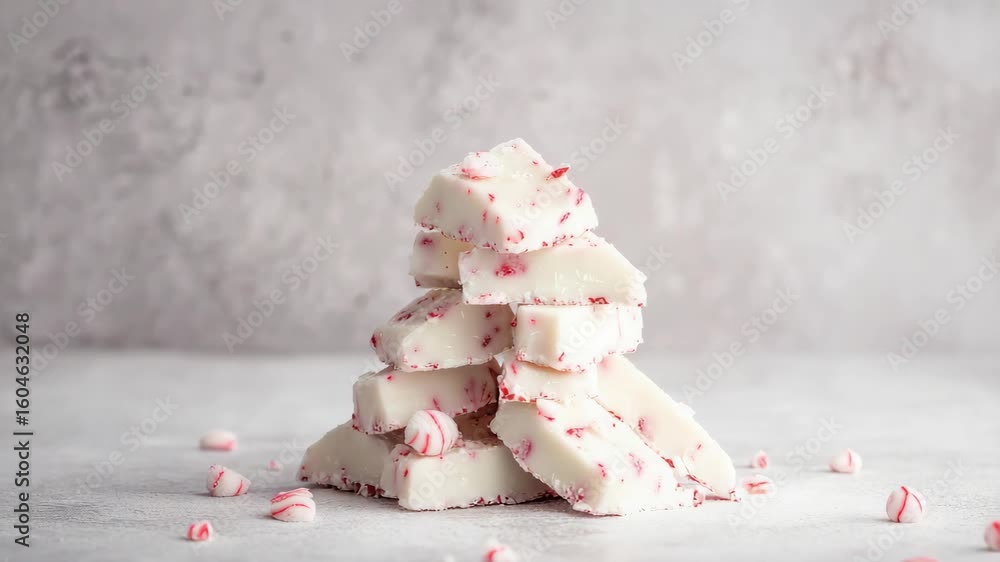 White chocolate peppermint bark stacked on light surface, with candy cane bits