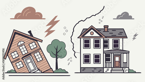 Earthquake damage insurance claim concept with damaged house and stable house property loss concept art