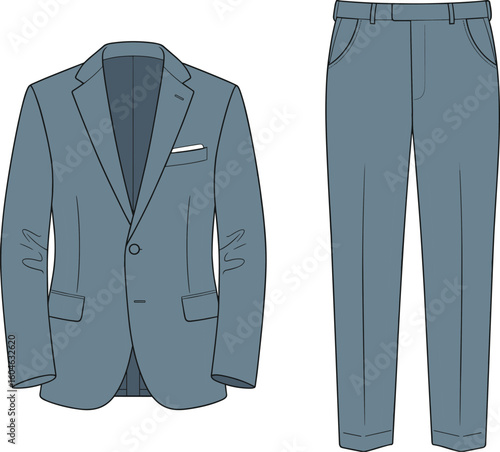 Men's formal suit vector template with jacket and pants, stylish front view fashion sketch, businesswear clothing design illustration