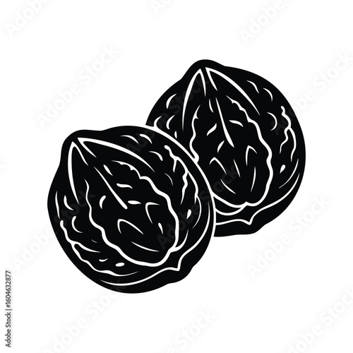 Two walnuts stylized in black and white simple silhouette illustration