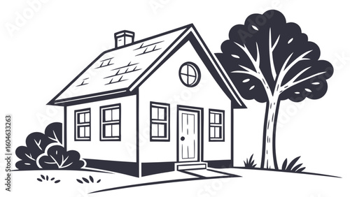House drawing with tree and bushes vector illustration for real estate and architecture needs design