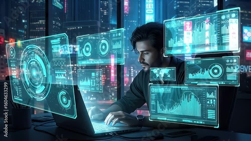 Man working on holographic displays in modern office