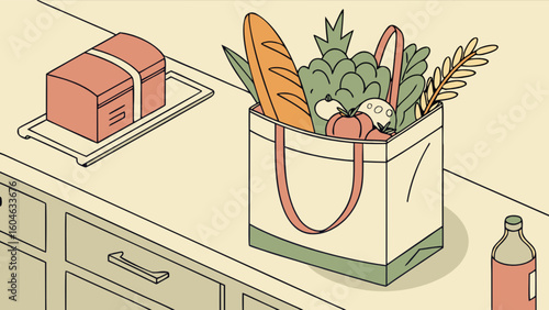 Illustration of grocery shopping bag filled with fresh food and kitchen counter with box and bottle