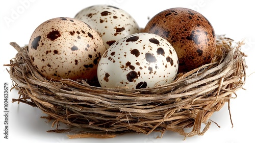 Spotted eggs nestled in a rustic bird's nest.